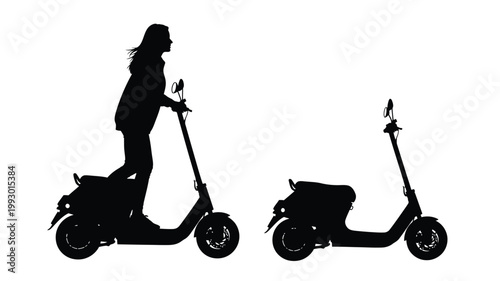 Woman riding an electric scooter with a parked scooter a stark silhouette