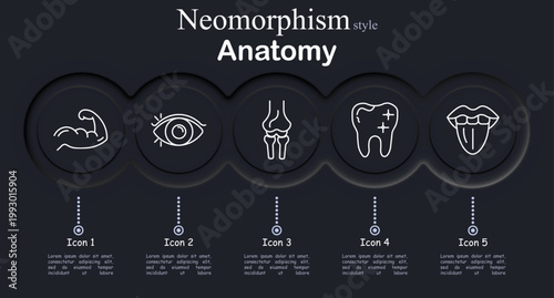 Anatomy set icon. Neomorphic dark interface circles with line symbols of arm muscle biceps, human eye organ, knee joint bones, tooth dental symbol, mouth tongue anatomy
