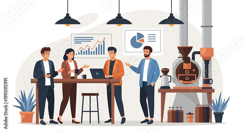 Business people collaborating in a modern office with coffee roasting equipment.