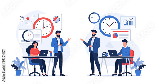 Business people discussing project timelines and deadlines in an office setting.