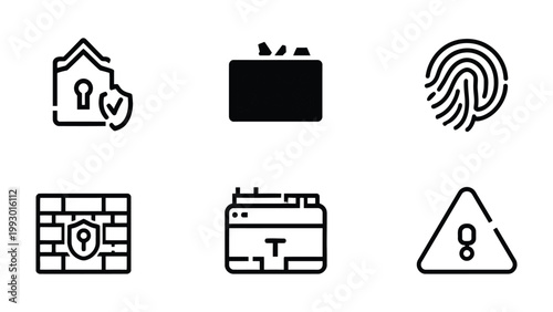 Cybersecurity Icons: A collection of concise icons depicting digital security concepts, including a secure home, safe data, fingerprint identification, firewall protection, online data encryption.