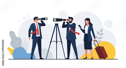 Business people looking through telescopes for opportunities.