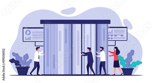 Business people opening automatic sliding doors to enter building.