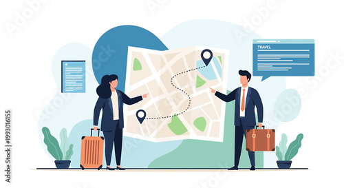 Business people planning a travel route on a map with luggage.