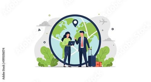 Business people planning global travel destinations with map and suitcase.