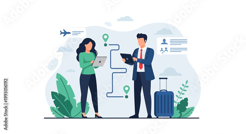 Business people planning travel itinerary with digital devices and luggage.