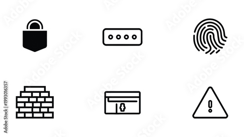 Cybersecurity Essentials: An array of essential cybersecurity icons, including a padlock, password field, fingerprint, firewall, credit card, and warning symbol.