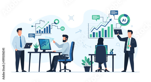 Business professionals analyzing financial data and charts in an office setting.