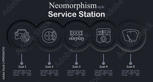 Service station set icon. Car repair, brake disc, engine piston system, toolbox maintenance, dashboard fuel gauge, automotive diagnostics, vehicle service, mechanical inspection