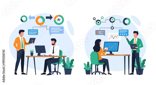 Business professionals collaborating on data analysis and AI integration in an office setting.