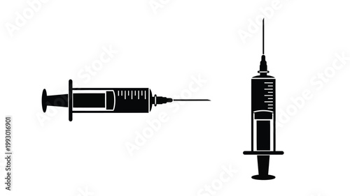 Two medical syringes depicted in a stark black silhouette