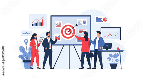 Business team achieving goals with presentation and target.