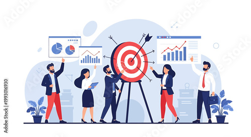 Business team achieving goals with target and charts.