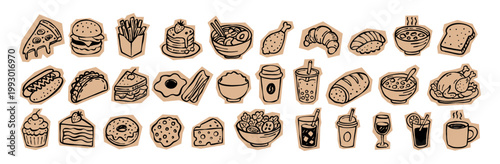 Obraz na płótnie Scrapbook sticker set featuring hand drawn food and drink doodles on textured kraft paper
