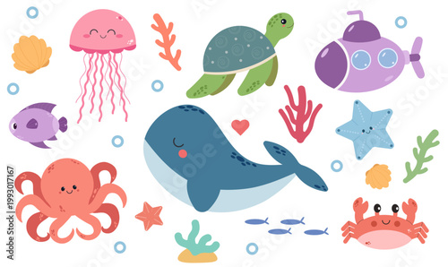 Sea life animals collection, cute cartoon ocean creatures vector set, marine characters isolated on white.