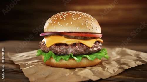 Cheeseburger with sesame bun, beef patty, melted cheddar, onion, tomato, lettuce on parchment paper, warm food photography.