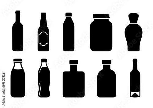 Black bottle silhouette collection, set of 10 beverage and liquid container icons, minimalist glass and plastic bottle vector shapes for packaging design
