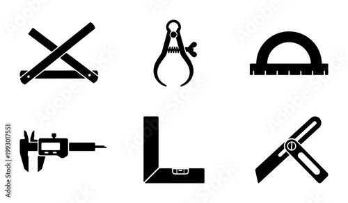 Precision measuring tools icon set, black silhouette engineering equipment, professional carpentry and drafting instruments vector collection