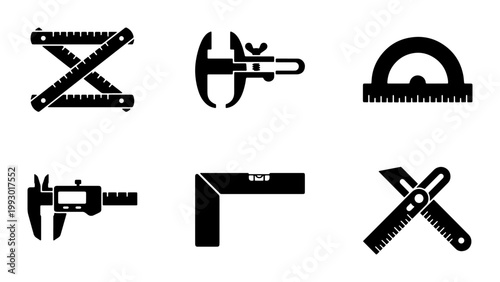 Precision measuring tools icon set, black silhouette construction and carpentry equipment, 6 vector elements for engineering and architecture