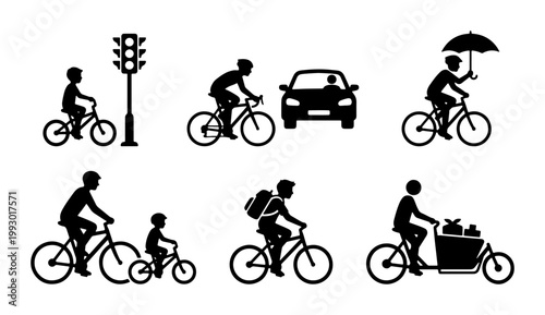 Bicycle silhouette set with diverse cyclists, urban cycling transportation icons, people riding bikes in city traffic, cargo bike and commuter vector graphics