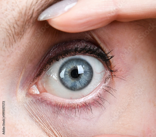 Makroaufnahme eines Auges mit Iris und Pupille – Detail der Äderchen, Sehorgan, Medizin, Augenheilkunde, Diagnostik, Laserbehandlung, Copyspace, isoliert, freigestellt