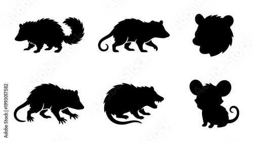 Opossum silhouette vector set, black marsupial animal icons, wild opossum and possum shapes for nature logos, 6 wildlife elements
