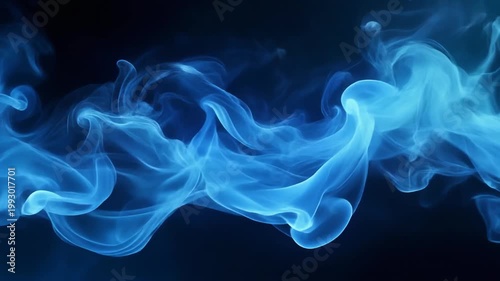 Swirling blue smoke forming fluid wave-like patterns against dark background, luminous gradients creating ethereal abstract effect.