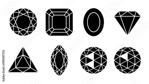 Black diamond silhouette icons, set of 8 gemstone vector shapes, elegant jewelry stone cuts, minimalist crystal and mineral symbols for branding