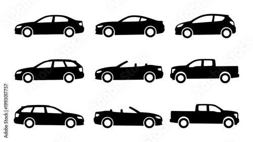 Black car silhouettes set, 9 vehicle icons including sedan, suv, pickup truck and convertible, automotive transportation vector collection