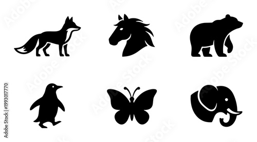 Minimalist animal silhouette icons, set of 6 black wildlife vector symbols, modern nature logo elements including fox horse bear penguin butterfly and elephant