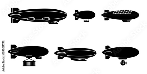 Vintage airship silhouette icons, set of 6 dirigible blimp vector illustrations, retro zeppelin aircraft symbols for aviation and travel design