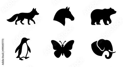 Minimalist animal silhouettes set, black wildlife icons collection, 6 vector graphic elements of fox horse bear penguin butterfly and elephant