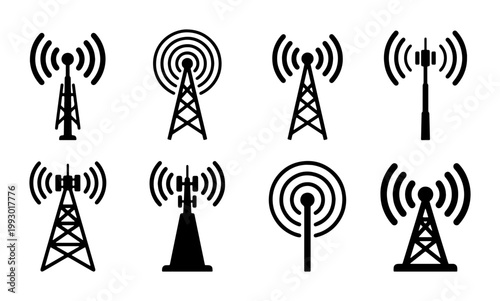 Radio tower icons set, 8 telecommunication antenna vector symbols, wireless signal broadcast and cellular network transmitter station silhouettes