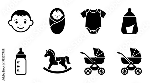 Minimalist baby icon set with 8 black vector elements, newborn care symbols and nursery graphics, infant clothing and toy illustrations for parenting apps
