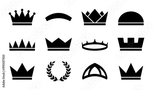 Minimalist crown icons set, black royal tiara and laurel wreath silhouettes, 12 heraldic vector elements for luxury branding and logo design
