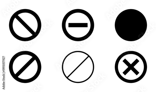 Prohibition sign vector set, black forbidden symbols and restriction icons, 6 circular stop and no entry warning marks for web and print design