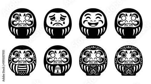 Japanese Daruma doll vector set, traditional black and white zen mascot icons, 8 minimalist oriental lucky charm illustrations for goal setting