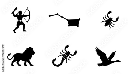 Zodiac constellations and astrological symbols set, black silhouette icons of lion, scorpion, archer, and swan, celestial horoscope vector elements