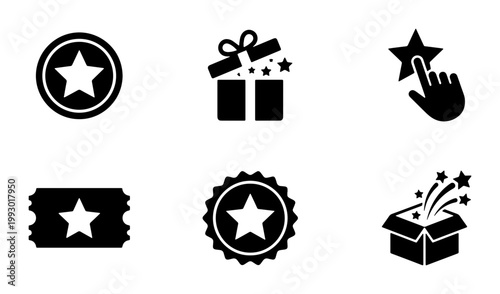 Loyalty program rewards icons set, black solid vector symbols for customer bonus and gift points, marketing promotion and prize collection