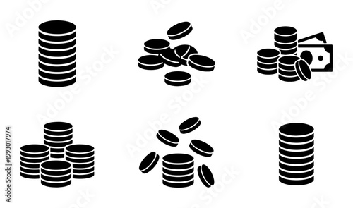 Black coin stack icons and money symbols, flat vector currency set, financial savings and banking elements for business infographics