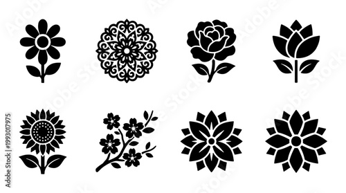 Minimalist black flower icons set, 8 floral vector symbols, botanical silhouette collection including rose sunflower and lotus for logo design