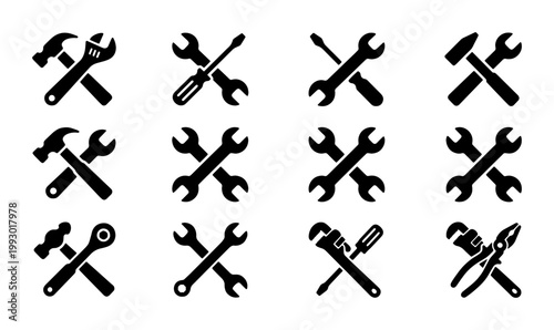 Industrial work tool icons set, black crossed hardware silhouettes, 12 construction and repair vector symbols for maintenance and DIY service