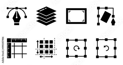 Graphic design software icons set, vector editing tools and UI elements, black solid glyph symbols for creative digital art production