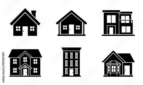 Schilderij op canvas Minimalist house icon set, black silhouette residential building collection, 6 v