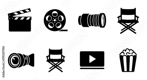 Cinema and movie production icons set, black film industry vector elements, clapperboard and camera lens symbols, popcorn and directors chair graphics