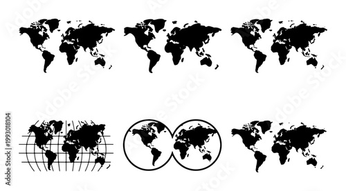 World map vector icons set, black silhouette earth continents collection, global geography atlas symbols for travel and logistics infographics