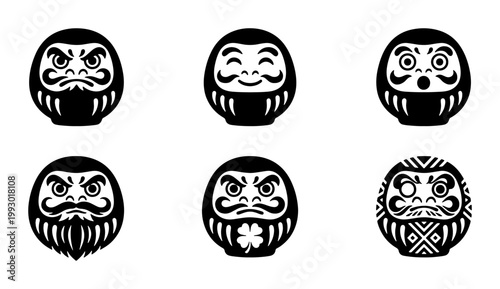 Foto Japanese Daruma doll vector icons set, traditional black and white Zen monk figu