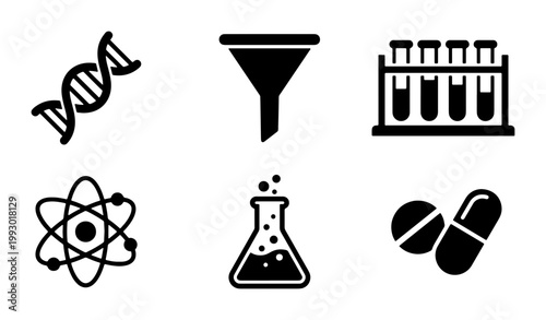 Science and laboratory vector icon set, black minimalist chemistry symbols, pharmaceutical research and biotechnology icons for medical education