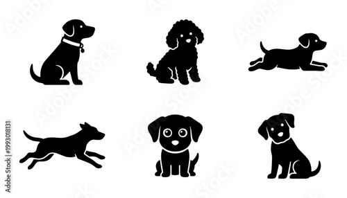 Minimalist dog silhouette icons, set of 6 puppy vector illustrations, black canine breed symbols, flat pet animal graphics for web and print design