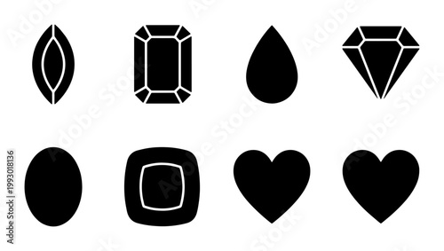 Minimalist gemstone icon set, black diamond and jewelry stone silhouettes, collection of 8 vector gem shapes for luxury branding and web design